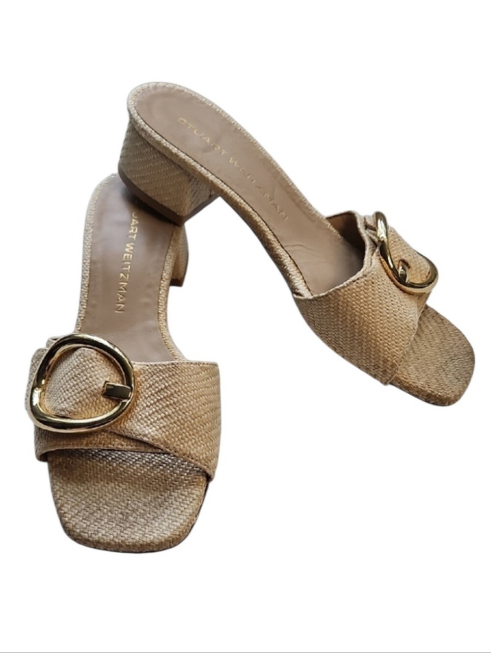 Stuart Weitzman Benni 35MM Raffia Buckle Slide Sandal, Size 7.5